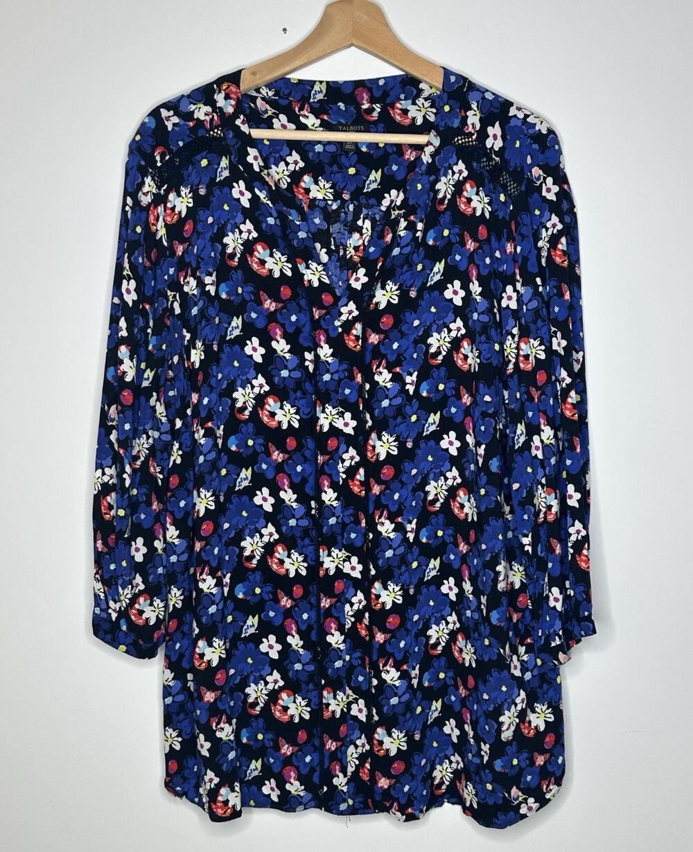 Talbots Womens Blue Colorful Floral Blouse Size 2X 3/4 Sleeve Slit Neck Feminine